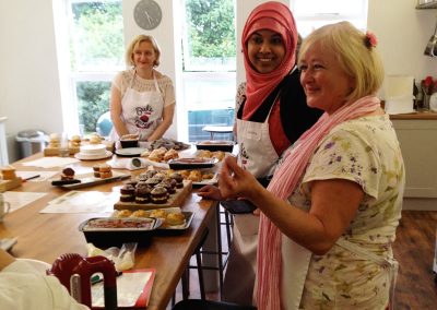 a display of food and happy people